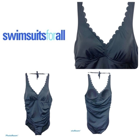Swimsuits For All 1pc Scallop Halter V Neck Halter - Picture 1 of 10